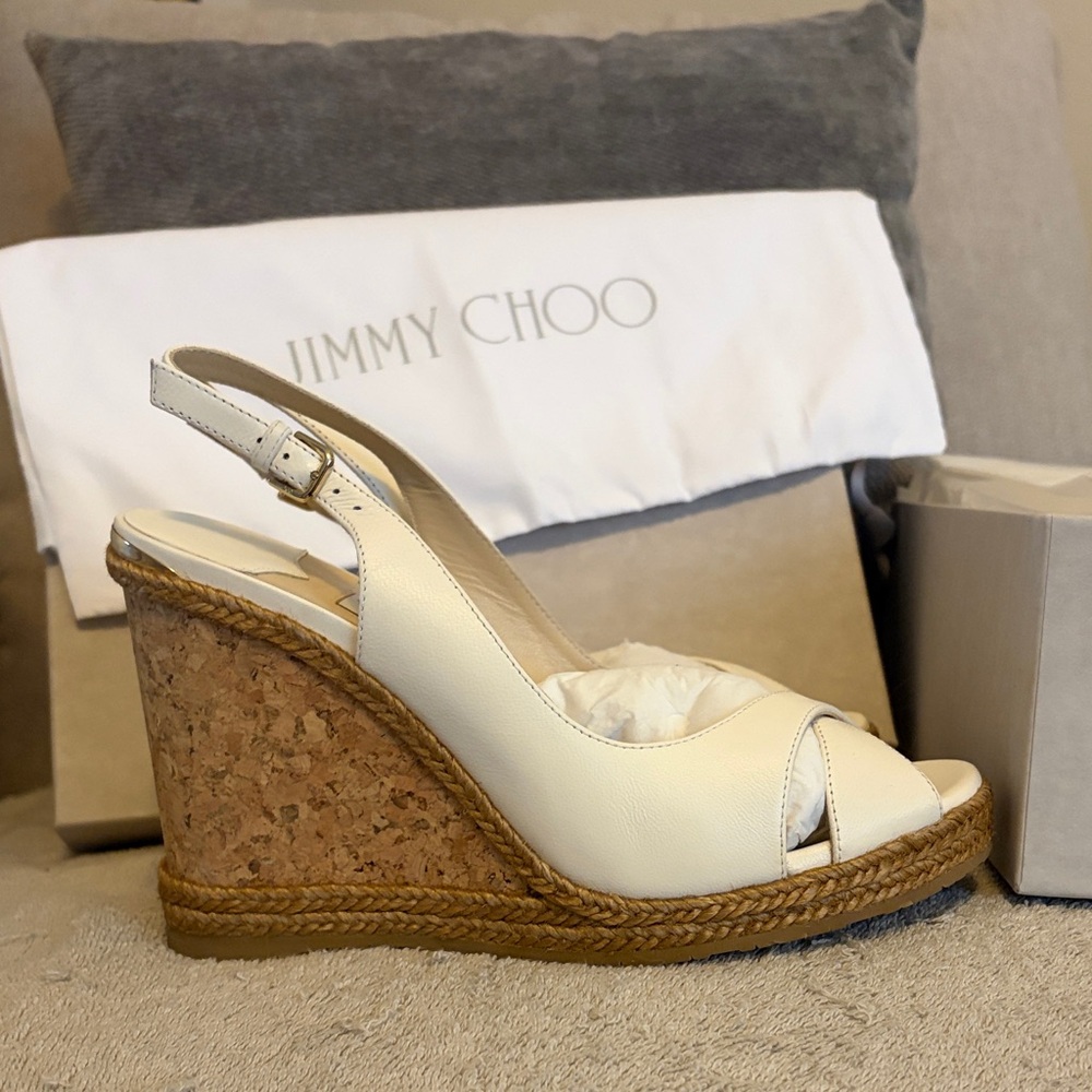 Jimmy Choo White-Beige Wedge Sandals - Picture 2 of 8